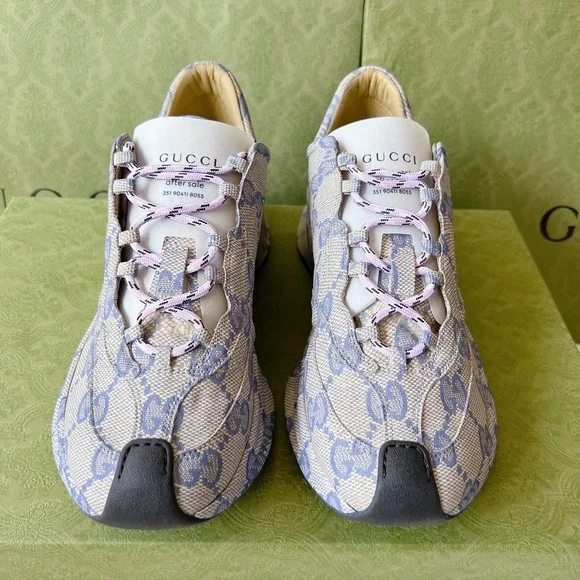 Gucci Monogram Run Runner GG Logo Sneaker Beige Blue Mens UK 8 US 8.5